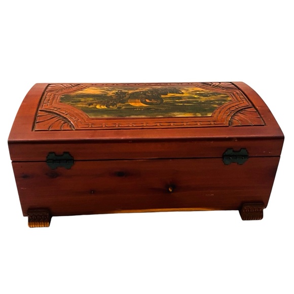 Antique Hand Carved Wooden Western Scene Covered Wagons & Cowboys Keepsake Box - Picture 10 of 11